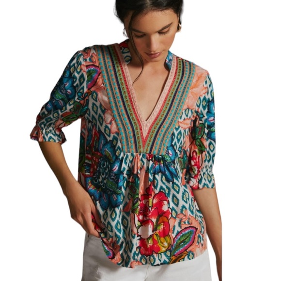 Anthropologie Bl^nk Stephanie Embroidered V-Neck Floral Ikat Top - XXS - Picture 2 of 16